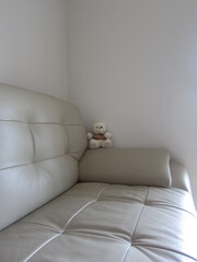 teddy bear sitting on the white sofa in a bedroom