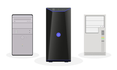 A set of computer system blocks, modern, outdated, and the usual home look. Flat vector illustration