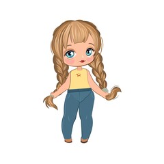 Little girl in pretty pants. Flirts. Handsome fashionable child. The isolated object on a white background. Vector illustration