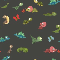 Little cubs dinosaurs. Seamless background illustration. Cheerful kind animal baby dino. Cartoons flat style. Prehistoric reptile. Funny. vector