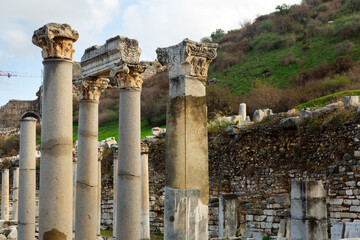 View of ruins of Roman Commercial Agora revealed during excavation of Marble Street in Ephesus, Izmir province, Turkey