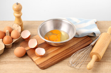 Ingredient for omlet on table - obrazy, fototapety, plakaty