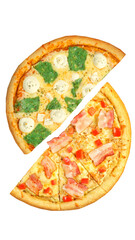 Pizza, two halves isolated on a white background. Versus concept. Appetizing pizza.