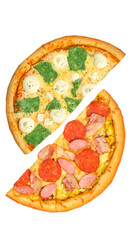 Pizza, two halves isolated on a white background. Versus concept. Appetizing pizza.