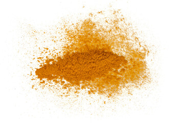 Fototapeta na wymiar Turmeric powder spice pile isolated on white background. Top view.