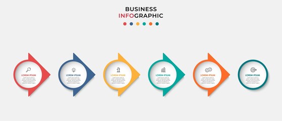 Business Infographic design template Vector with icons and 6 options or steps. Can be used for process diagram, presentations, workflow layout, banner, flow chart, info graph