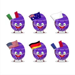 Fotobehang Dark purple easter egg cartoon character bring the flags of various countries © kongvector