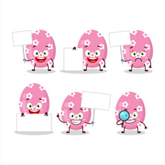 Pink easter egg cartoon character bring information board