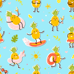 Fototapeta na wymiar pattern stickers with pineapple kawaii. cute fruits enjoy the vacation. vacation at sea. vector illustration in cartoon style.