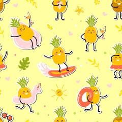 pattern stickers with pineapple kawaii. cute fruits enjoy the vacation. vacation at sea. vector illustration in cartoon style.