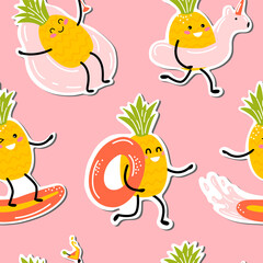 pattern stickers with pineapple kawaii. cute fruits enjoy the vacation. vacation at sea. vector illustration in cartoon style.