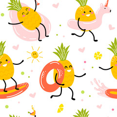 pattern stickers with pineapple kawaii. cute fruits enjoy the vacation. vacation at sea. vector illustration in cartoon style.