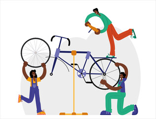 Bicycle repair. Black mechanics repair a bike through online repair. Web graphics, banners, advertisements, business templates.