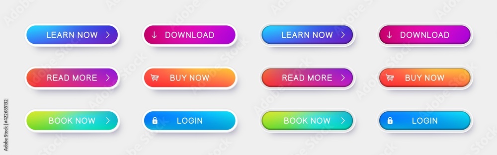 Poster Set of abstract ui buttons with shadow. Vector different gradient color buttons for use in web sites, apps and game.