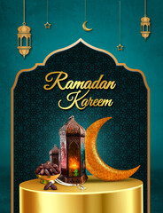 Ramadan Kareem New background 2021 blue color with traditional light  lamp, creative islamic background