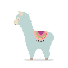 Cute llama or alpaca, vector childish illustration in flat style. For poster, greeting, birthday card, and baby design.