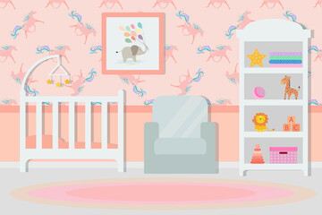 Children's room for a baby girl, in pastel colors, in flat style.