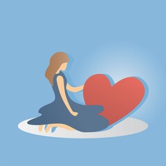 self care and self compassion concept,woman or girl  Sitting sad with a red heart, vector illustration.