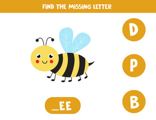Find missing letter with cute bee. Spelling worksheet.