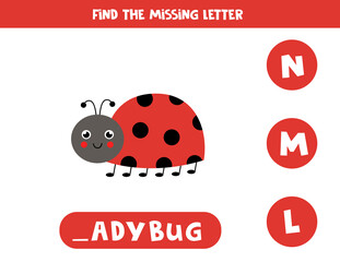 Find missing letter with cute ladybug. Spelling worksheet.