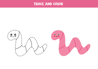 Trace and color cute worm. Worksheet for kids.