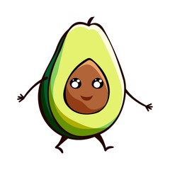 Kawaii half of avocado with bone in doodle style. Kawaii avocado icon vector illustration