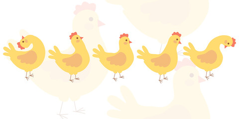 Cartoon chicken. Set of funny hens. Cheerful chicken shakes his head, chicken in different poses. Vector illustration isolated on white background.