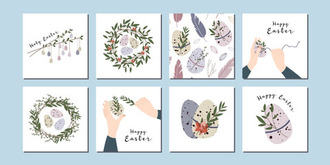 Fototapeta premium Set of Easter tags. Cute easter egg, nest, branch and leaves. Eco decoration. Vector flat cartoon illustration. Perfect for poster, print, card, invitation, greeting, tag