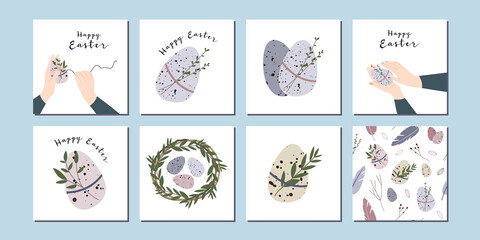 Set of Easter tags. Cute easter egg, nest, branch and leaves. Eco decoration. Vector flat cartoon illustration. Perfect for poster, print, card, invitation, greeting, tag