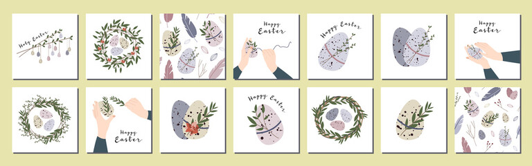Set of Easter tags. Cute easter egg, nest, branch and leaves. Eco decoration. Vector flat cartoon illustration. Perfect for poster, print, card, invitation, greeting, tag