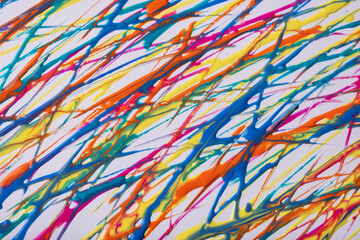 Red and blue lines and splashes drawn on white background. Abstract art backdrop with yellow brush decorative stroke.