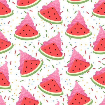 Cute Ice Cream watermelon seamless pattern. Vector hand drawn illustration.