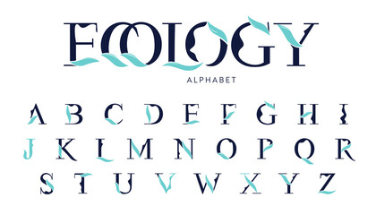 Vector Ecology Alphabet with decorative leafs elements. Modern elegance font with uppercase letters. Vector Illustration.
