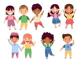 Multiethnic Children Holding Hands and Smiling Vector Set