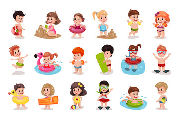 Obraz na płótnie Canvas Little Boy and Girl in Beach Wear with Rubber Ring Swimming and Building Sand Castle Vector Illustration Set