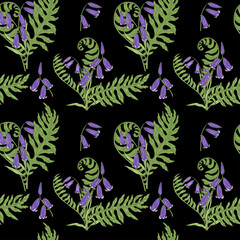 Bluebell flowers and fern leaves seamless