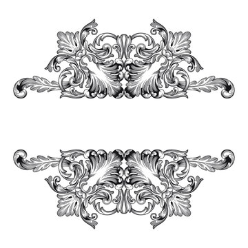 Vintage Baroque Victorian frame border floral ornament leaf scroll engraved retro flower pattern decorative design tattoo black and white Japanese filigree calligraphic vector heraldic swirl