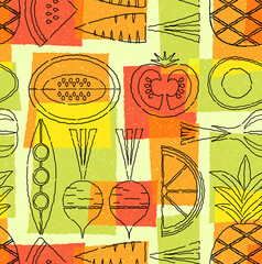 Seamless mid century pattern of fruits and vegetables. For backgrounds, print design, home decor. Healthy food theme. Vector illustration.