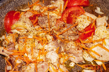 Fried meat with carrots, onions and tomatoes