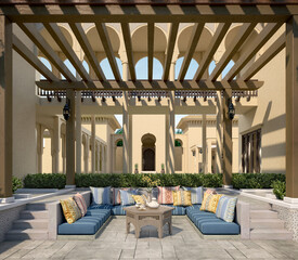 Lounge pavilion on terrace with cushions inspired by arabic,islamic,moroccoo design.3d rendering