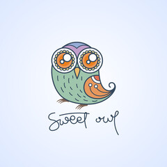 Sweet owl logo. Doodel isolated emblem design. Kids education symbol