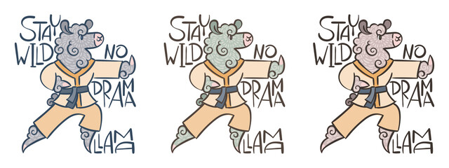 Stay Wild. No Drama. Llama. Set of cute, curly-haired alpacas in a kimono doing. Vector illustration with lettering for coloring pages, prints for children and adults, sports, healthy lifestyle