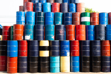 Old Rusty Dirty Steel Barrel, blue oil tank stack many drum in Toxic