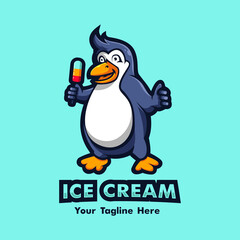Penguin holding ice cream for mascot logo design illustration