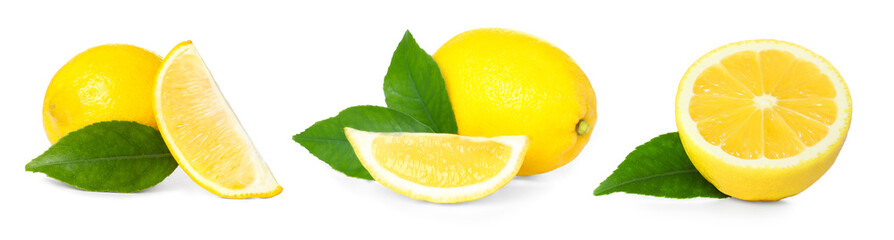 Set with fresh ripe lemons on white background. Banner design