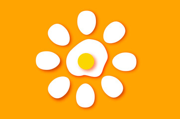 Eggs in shell, half, crack. Broken egg. Farm products. Fast food. Natural product. Orange background.