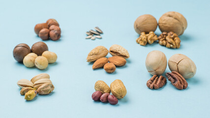 Several types of nuts with peeled kernels on a blue background.