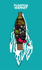 Hawker selling fruits on boat in a Thailand floating market. Vector illustration, presented by using bold ink line.
