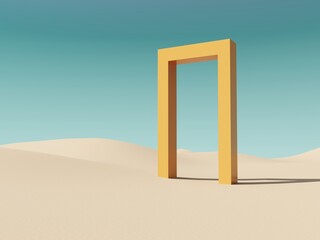 Abstract, architectural structure with arches and flying golden balls on sandy beach and sky background - 3D render with copy space. Modern minimal abstract illustration for advertising products.