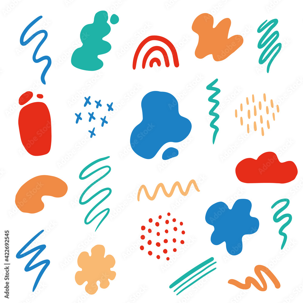 Poster hand drawn set of abstract brush elements, dot, blob, line, curve. doodle sketch style. abstract ele